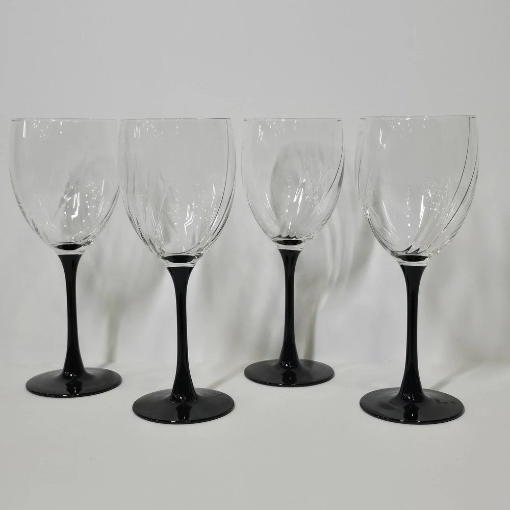 Vintage Cristal d'Arques Durand Astra Goblets Set 4 Black Stem Optic Swirl